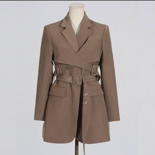 Chic Spring Tie Waist Mid-Length Blazer Jacket