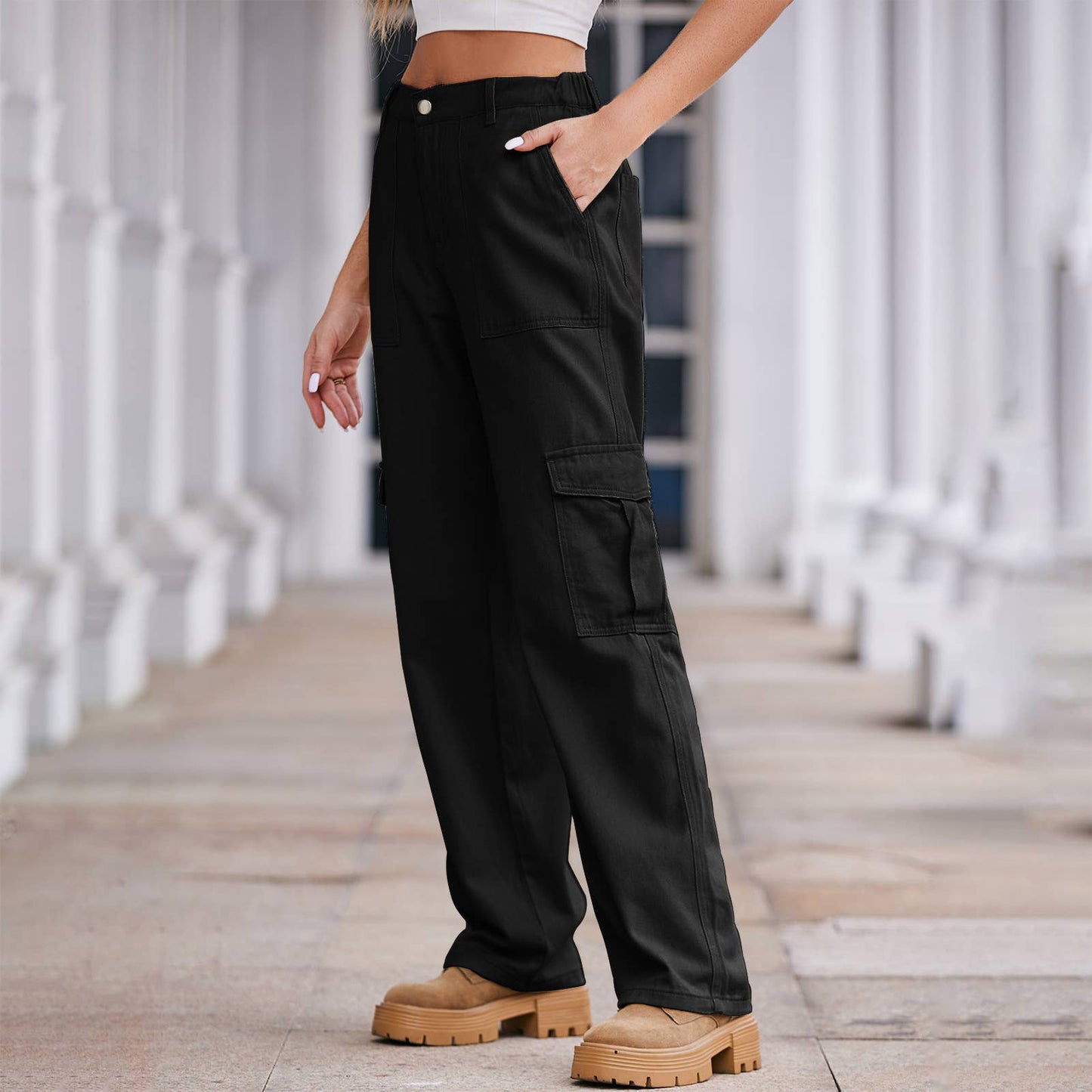Washed semi-elastic waist denim workwear trousers