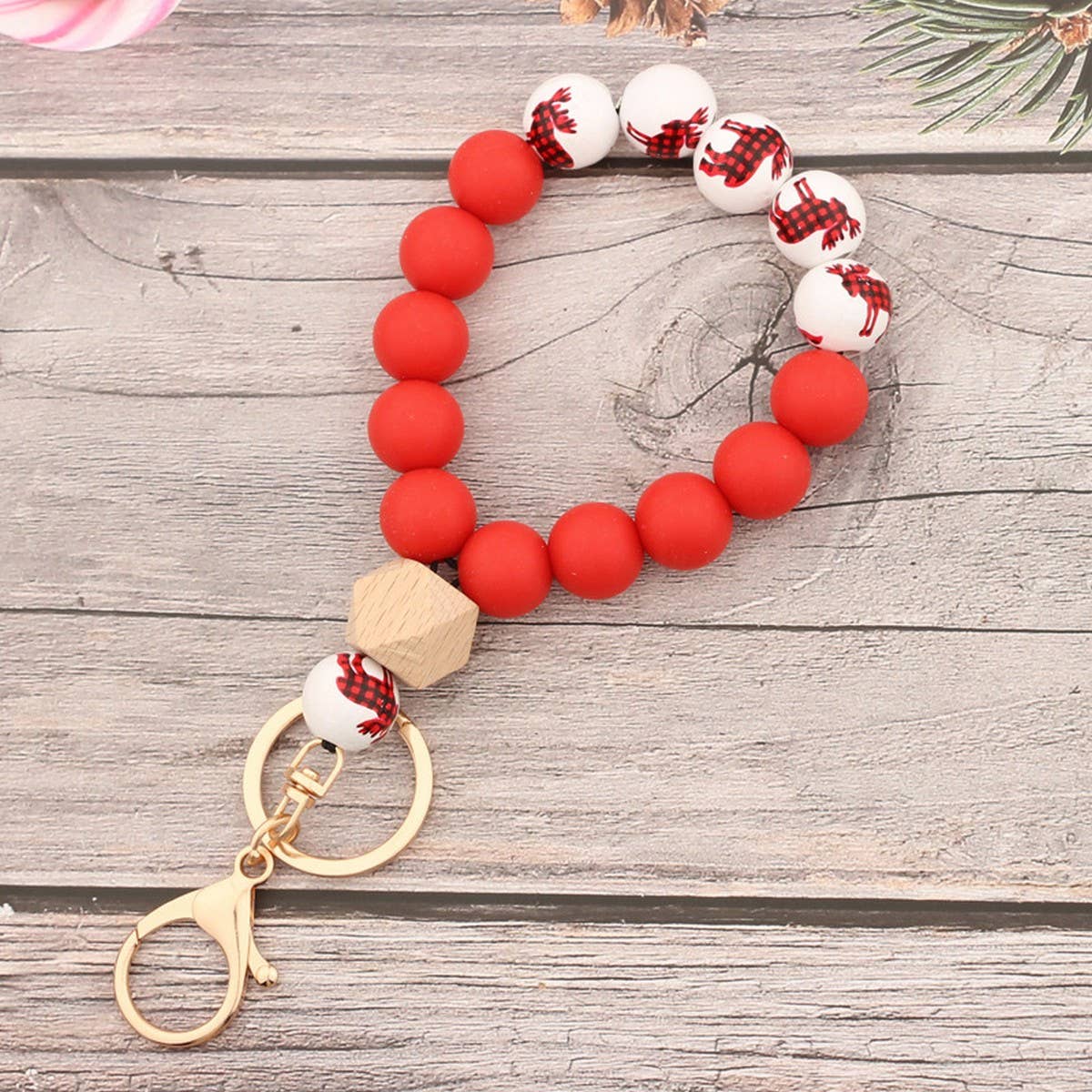 Christmas Wood Bead Bracelet with Silicone Keychain