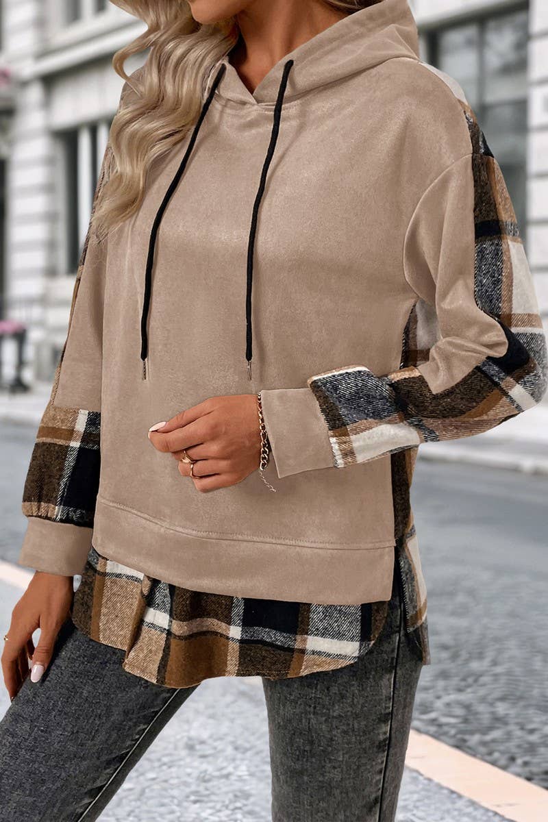 CWOHOL00587_PLAID PATCHWORK BRITISH STYLE HOODED SWEATSHIRT