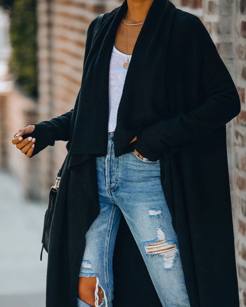 Large lapel unbuttoned solid color long cardigan coat