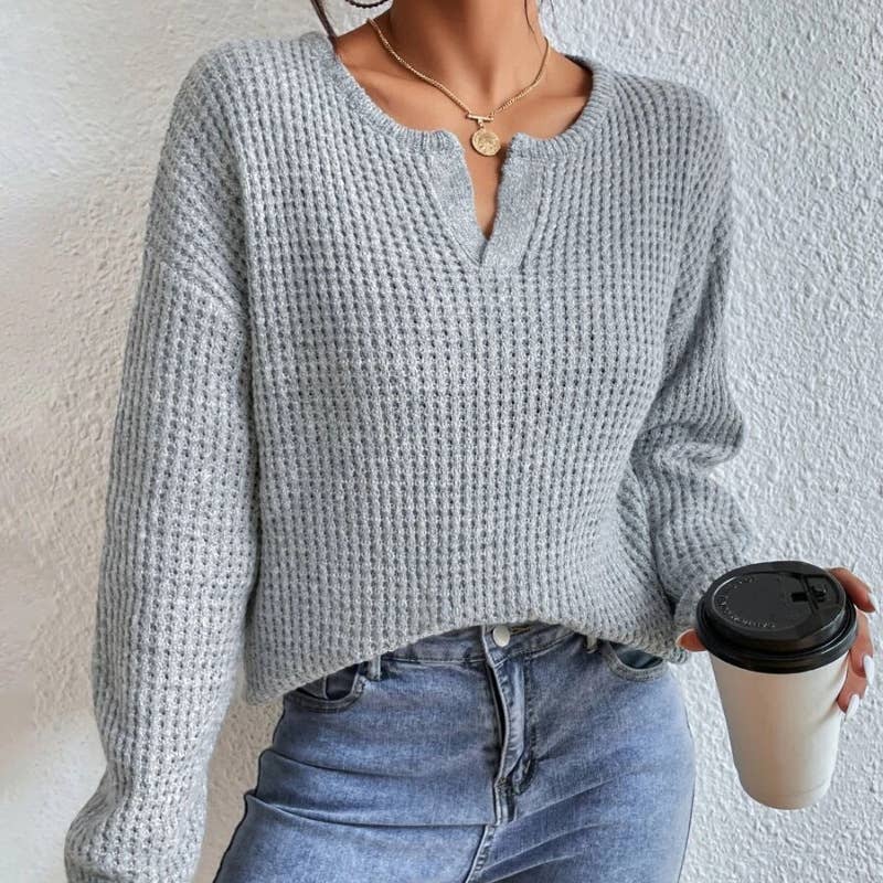 V-NECK SOLID COLOR PULLOVER SWEATER FOR WOMEN