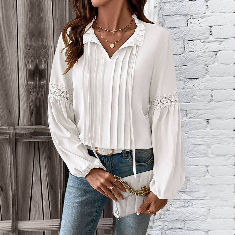 Solid-color casual lace-up V-neck stylish shirt