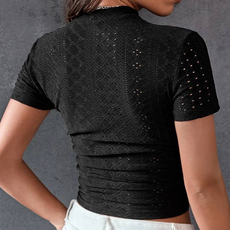 Thin hollow slim half-neck short-sleeved T-shirt