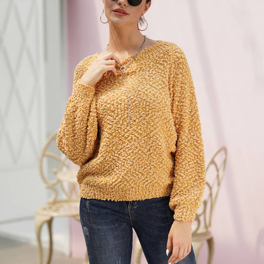 LINE NECK LONG SLEEVE SOLID PULLOVER SWEATER