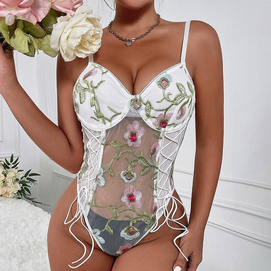 SEXY FLOWER EMBROIDERED SEE-THROUGH BODYSUIT