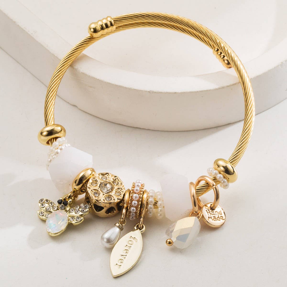 Trendy Stainless Steel Beaded Bee Charm Bracelet