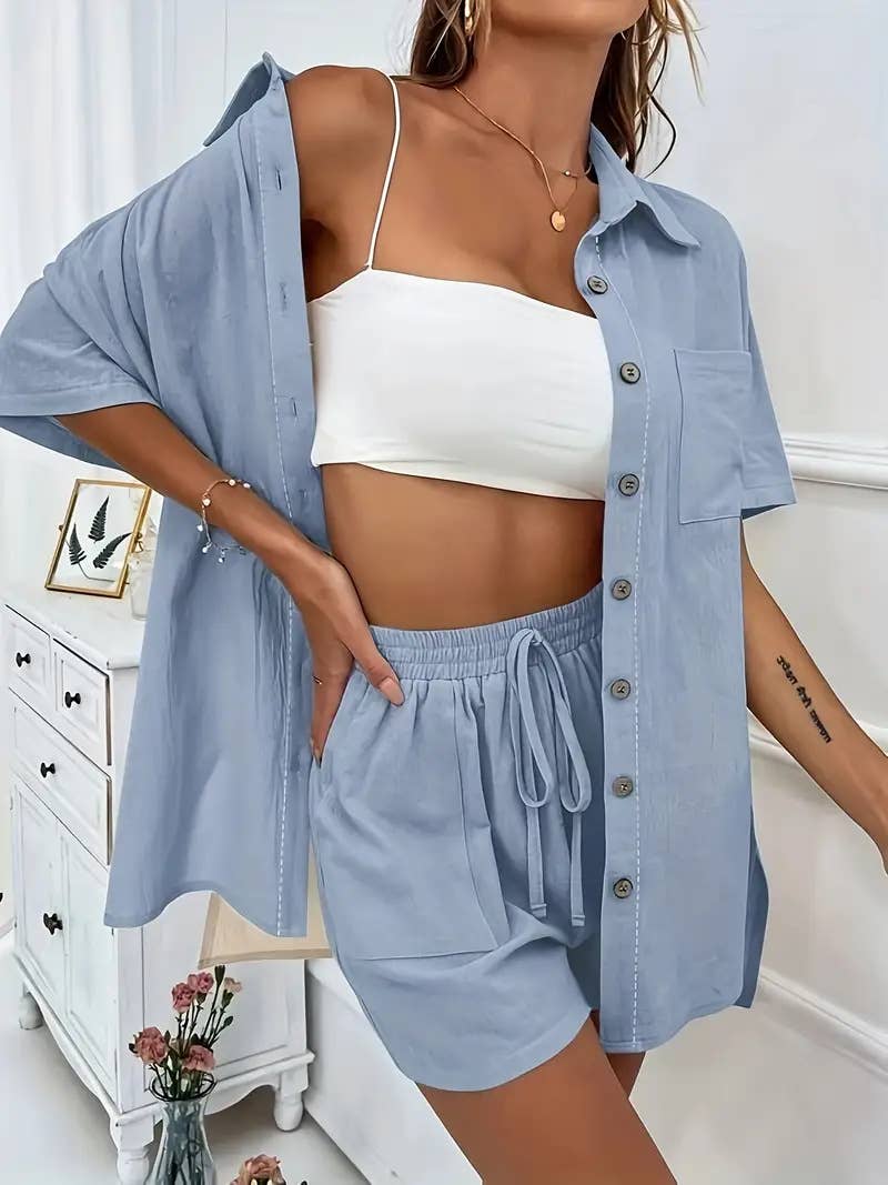 Solid-color shirt and shorts loose suit