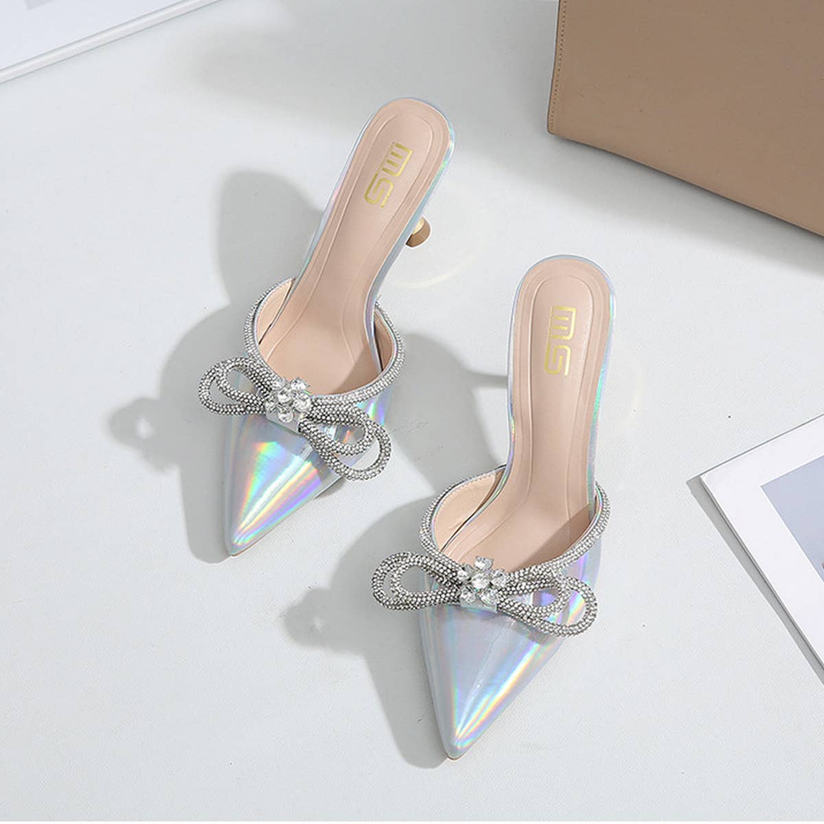 RHINESTONE BOW POINTED TOE HIGH HEELS
