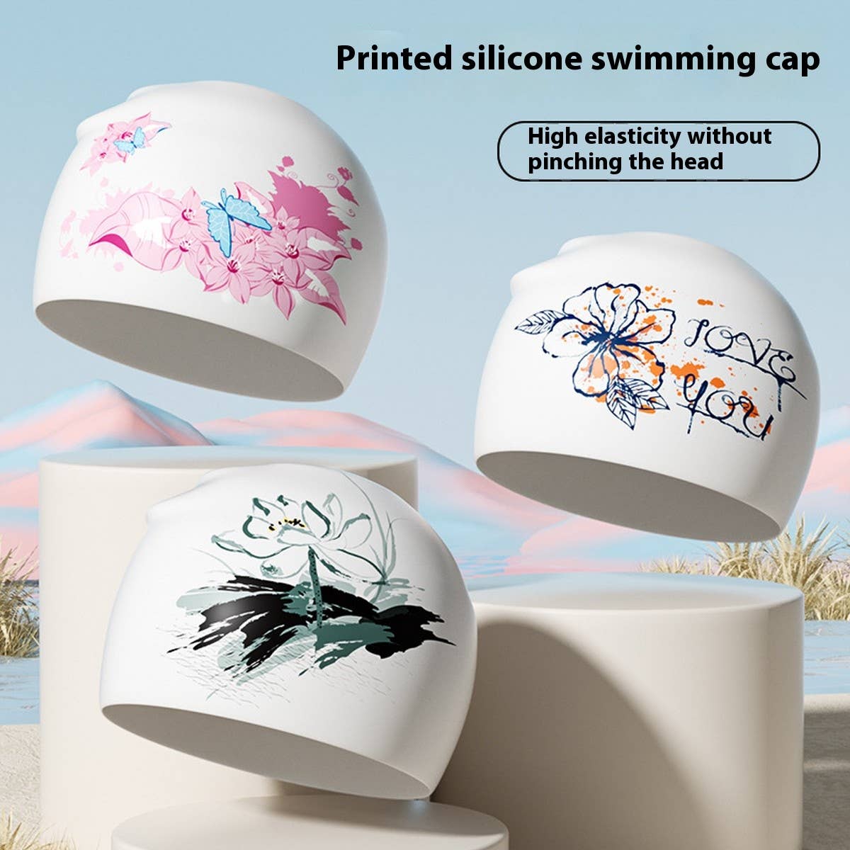 Printed Silicone Swim Cap for Women with Anti-Slip_CWMM6707