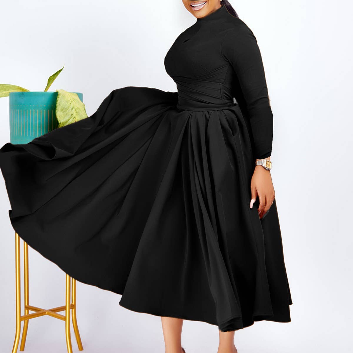FASHIONABLE PLEATED PLUS SIZE SWING SKIRT DRESS