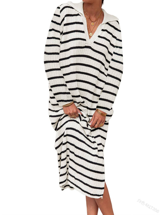 LONG V-NECK STRIPES LOW SLIT LAPELS SWEATER DRESS