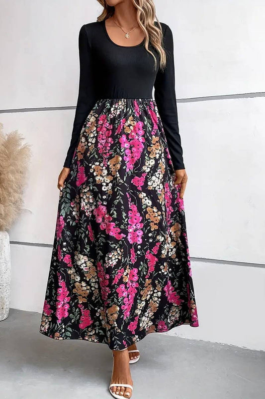 CWDMD01206_FLORAL PRINT COLORBLOCK LONG-SLEEVED DRESS