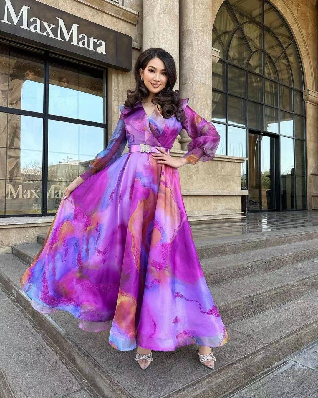 PRINT DRESS WITH BELT SWING MESH