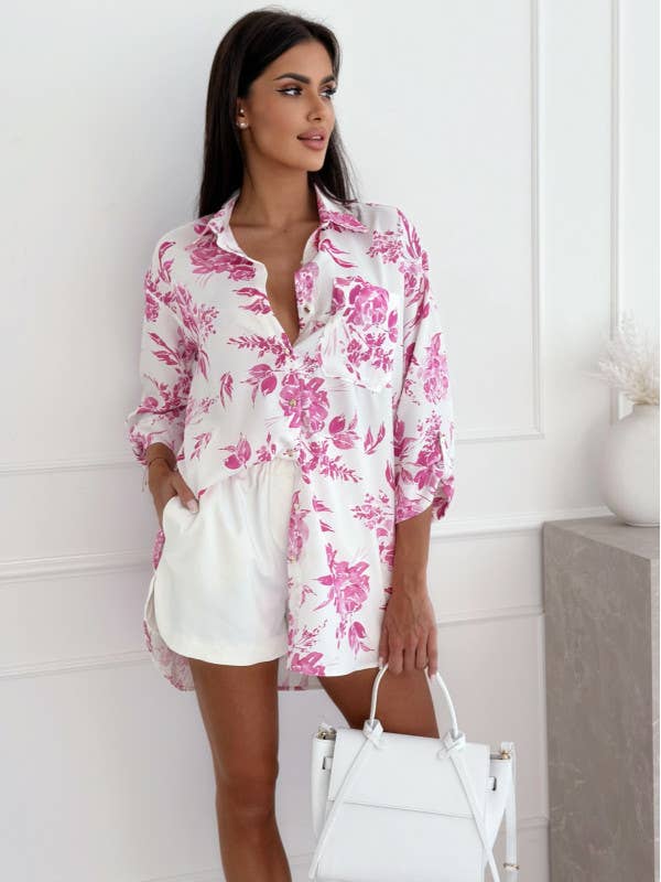 LACE-UP CARDIGAN BUTTON PRINT SLEEVED SHIRT