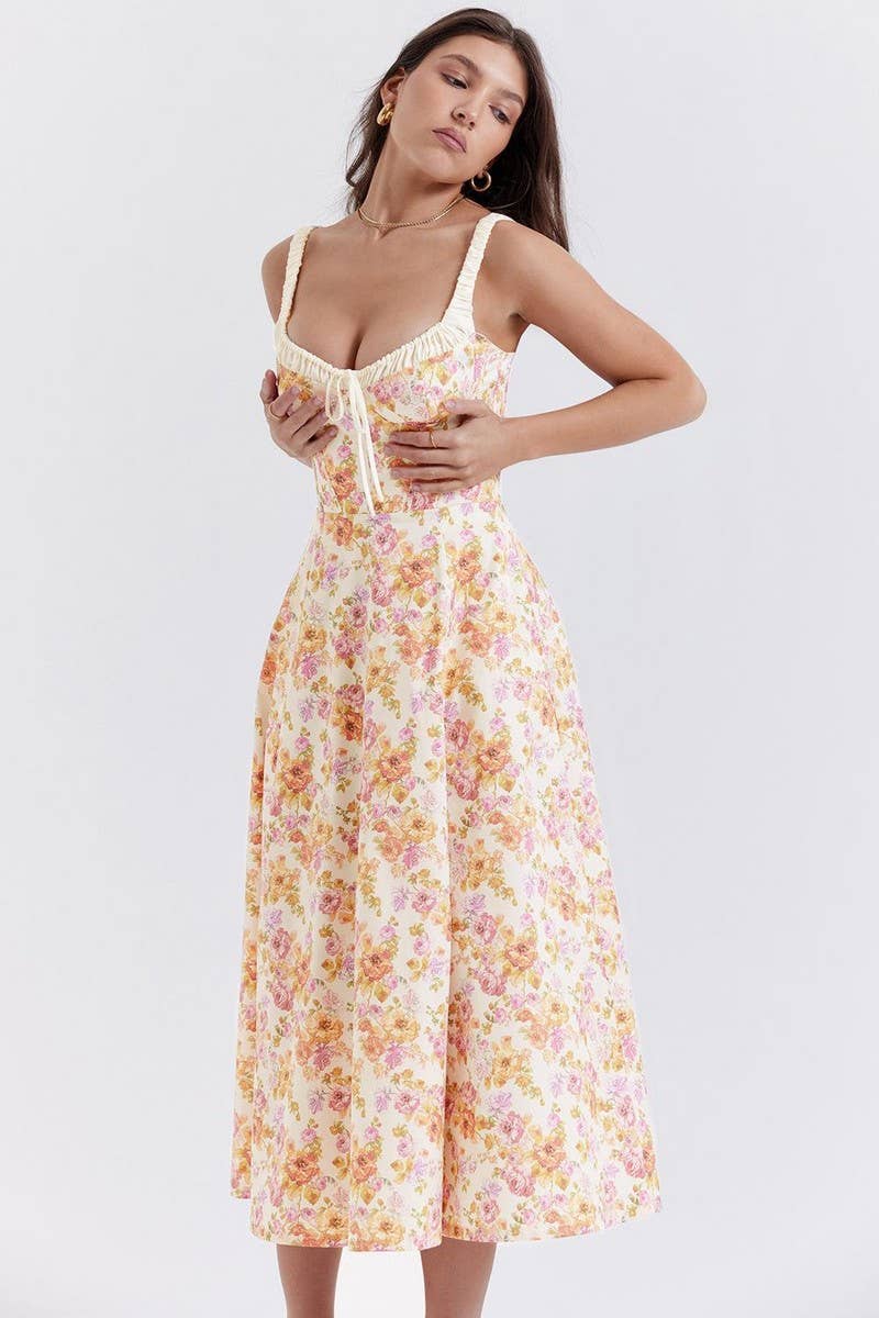 CWDMD5631_RUFFLED FLORAL SLIT SLING MIDI DRESS