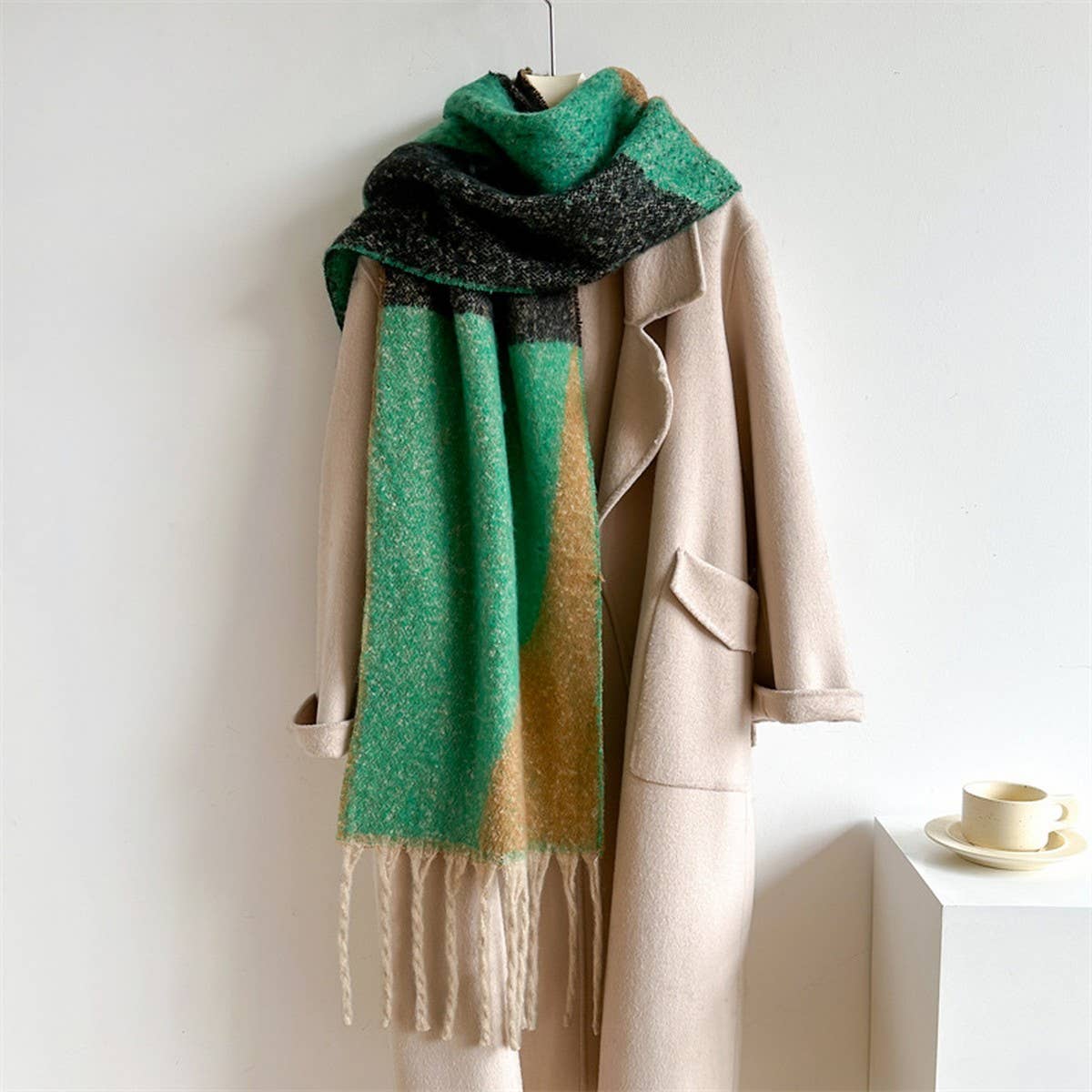 Geometric Fringe Wool Scarf,Thick Colorblock Shawl