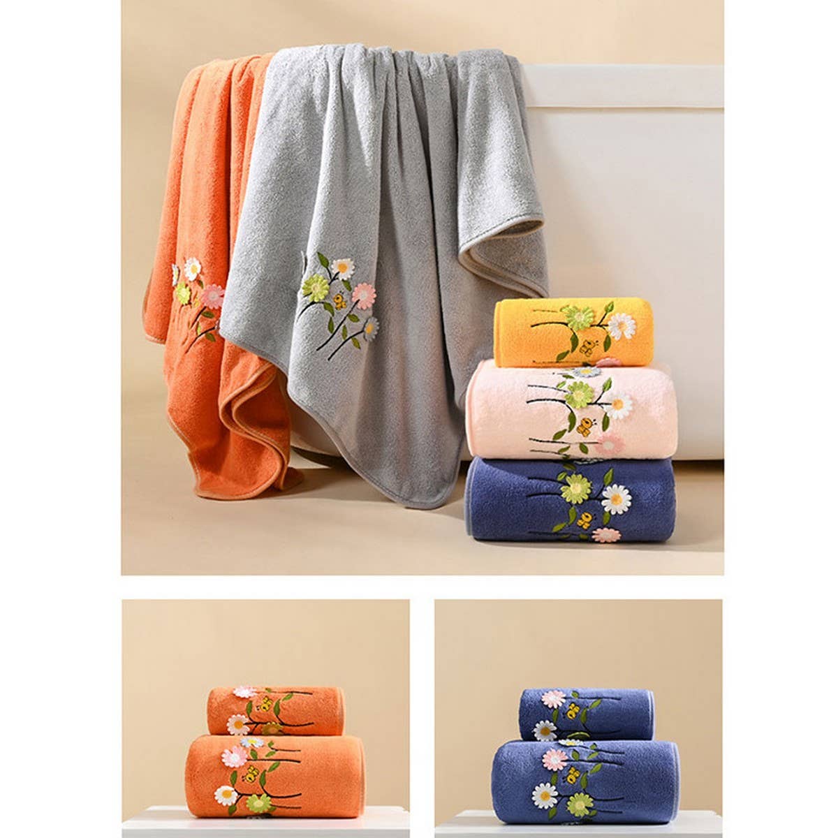 CORAL FLEECE FLOWER SQUARE TOWEL BATH TOWEL SET
