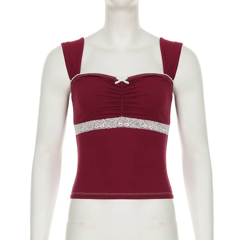 Lace contrast color pleated sleeveless T-shirt