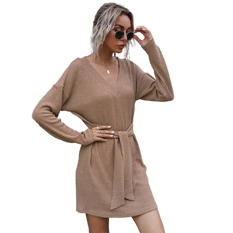 Short long sleeve V-neck sweater dress