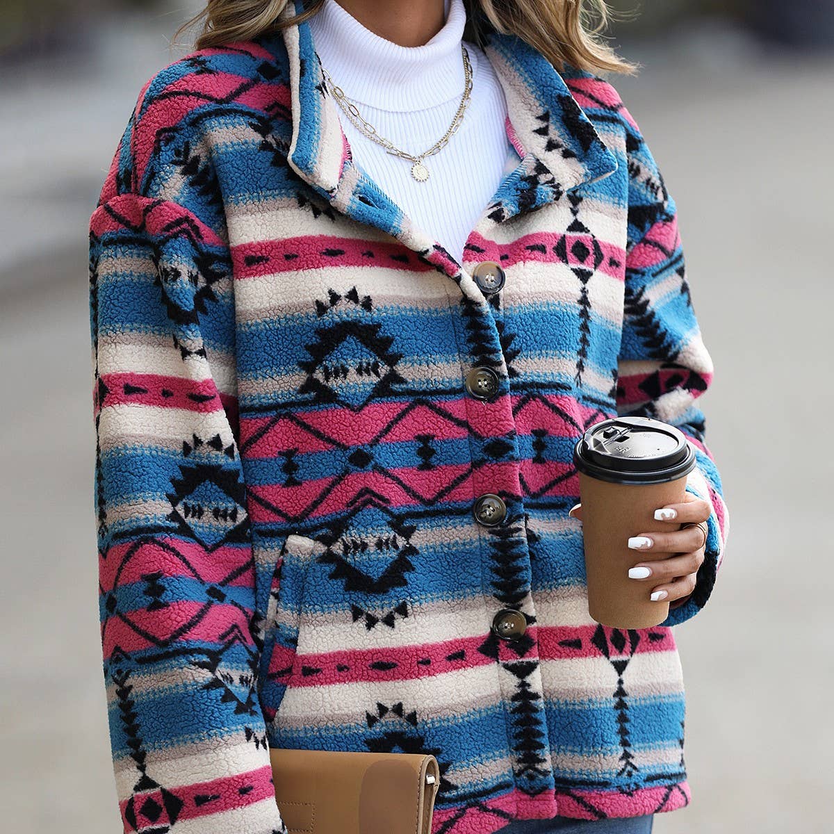 Single breasted geometric fleece jacket