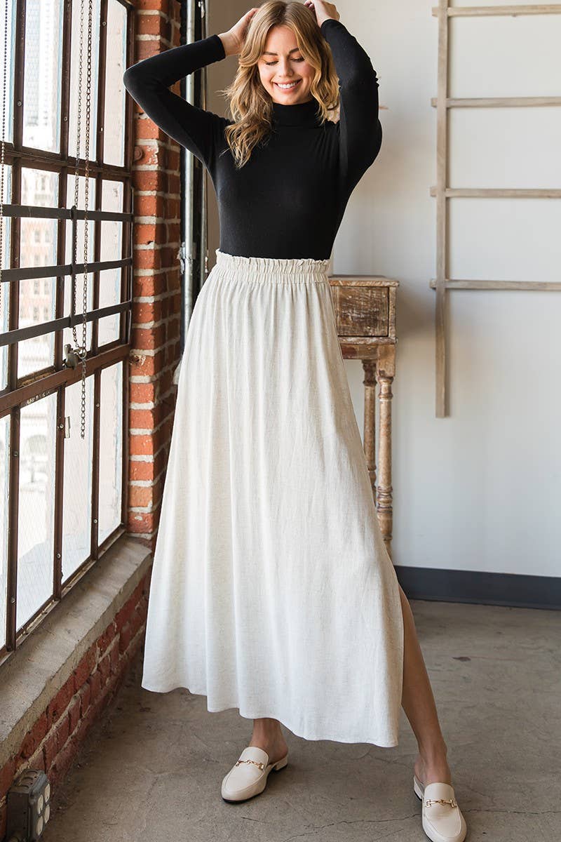 CWBLS132-S_SIDE SLIT DETAILED MAXI LINEN SKIRT