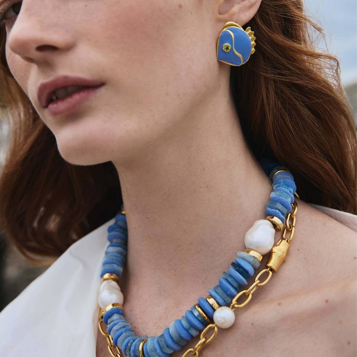 Vintage Blue Fish Stud Earrings Gold Plated