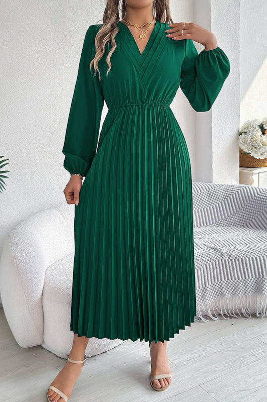 CWDMD3462_V-NECK LONG SLEEVE WAIST PLEATED DRESS LONG STYLE