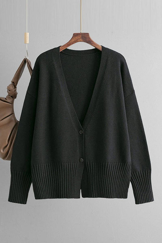 CWOCAL00665_V NECK SOLID LOOSE KNIT CARDIGAN SWEATER