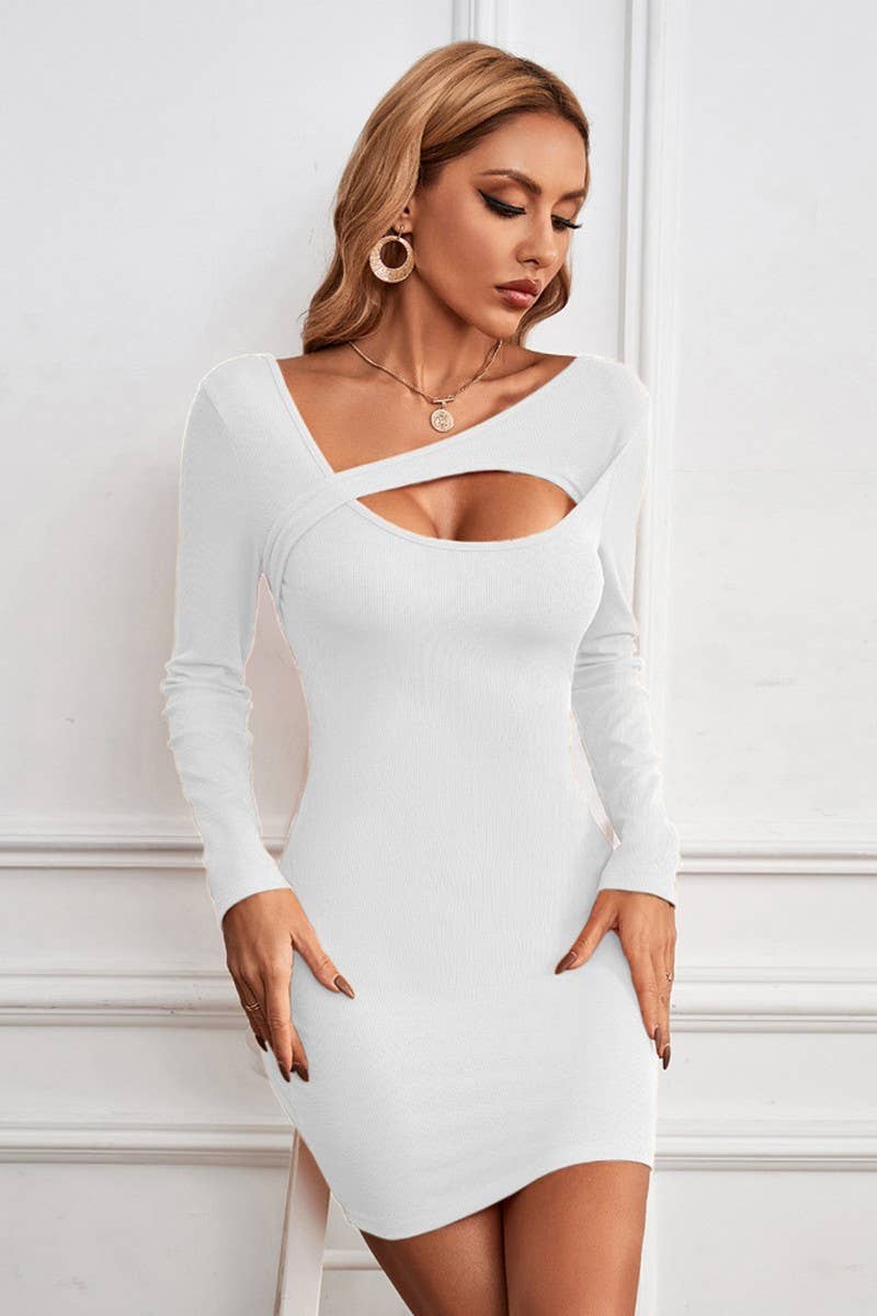 HOLLOW OUT IRREGULAR COLLAR WRAPPED HIP DRESS_CWDSD2730