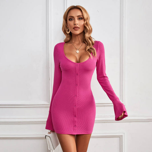 Single-breasted U-neck knitted long-sleeved dress