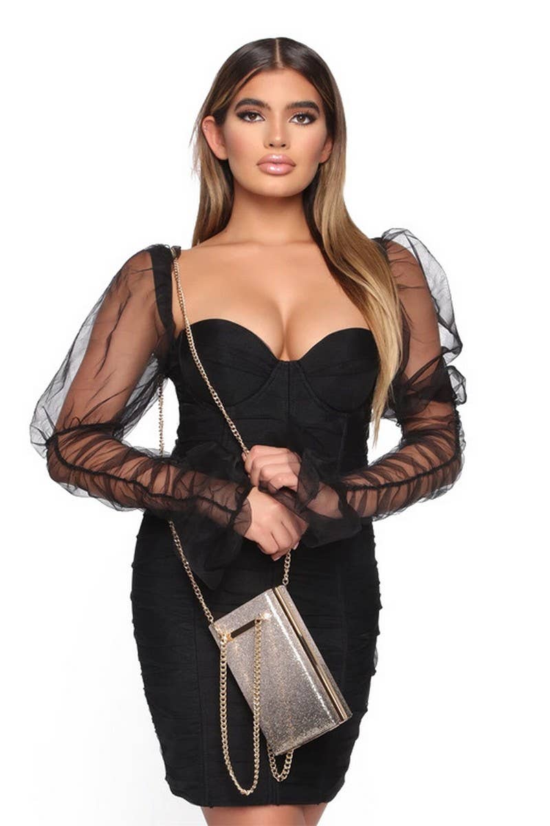 CWDTD00493_STRAPLESS MESH PATCH BODYCON CLUB DRESS