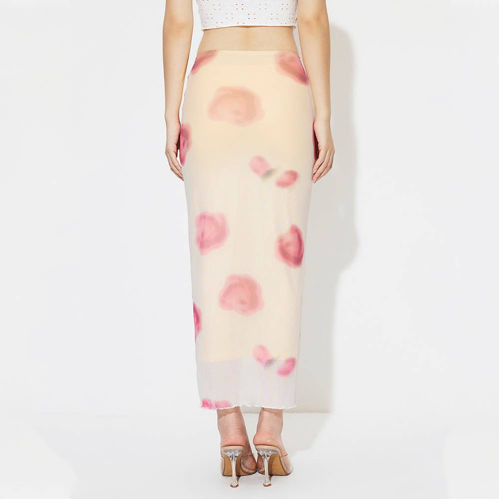 SLIM-FIT PRINT MESH SKIRT WITH HIP WRAP