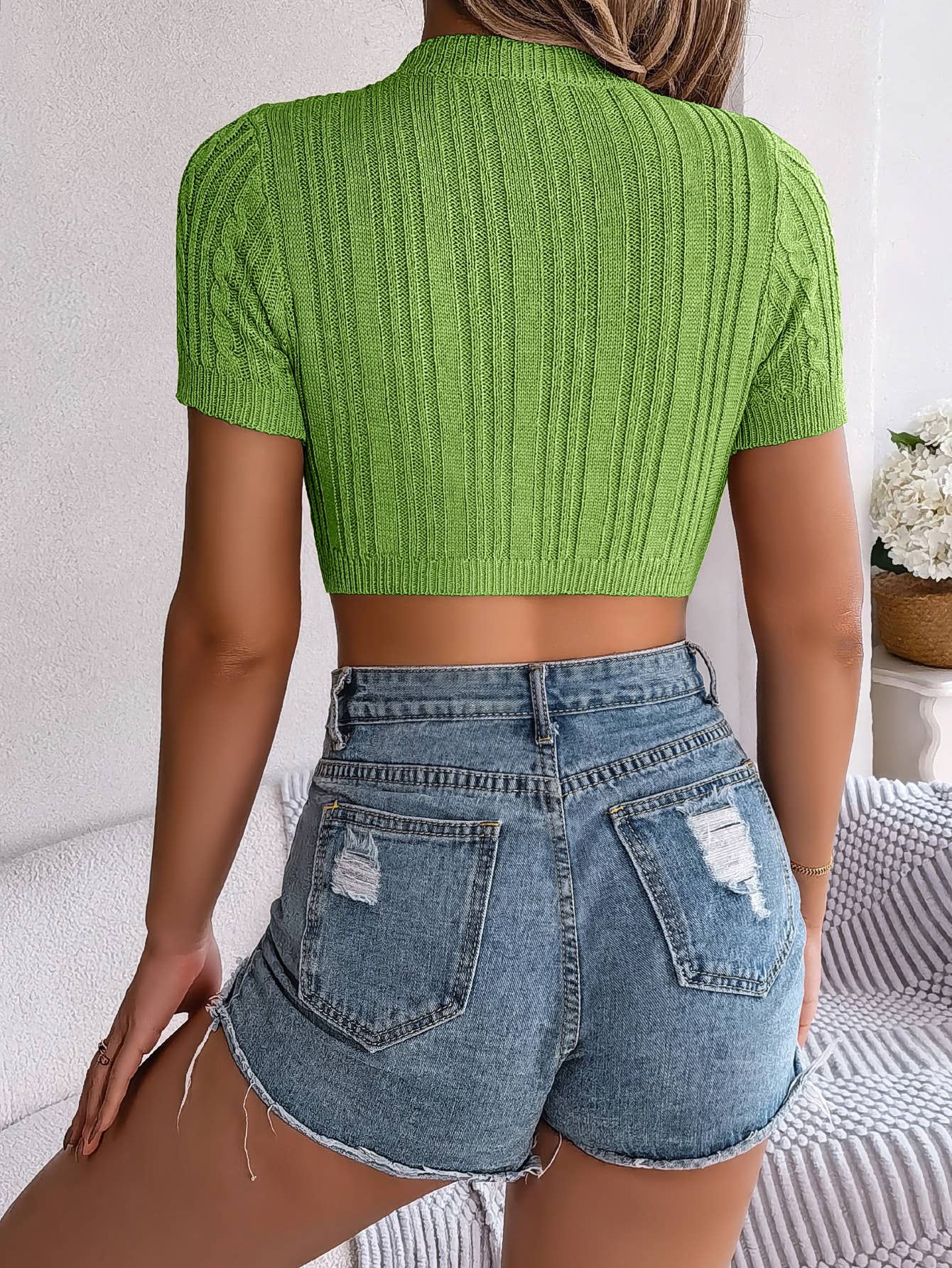 Hollowed-out braided short-sleeved knitted top