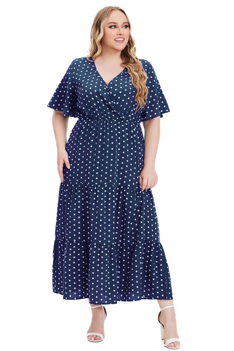 CWDMD3210_PLUS SIZE V-NECK POLKA DOT SHORT SLEEVE DRESS