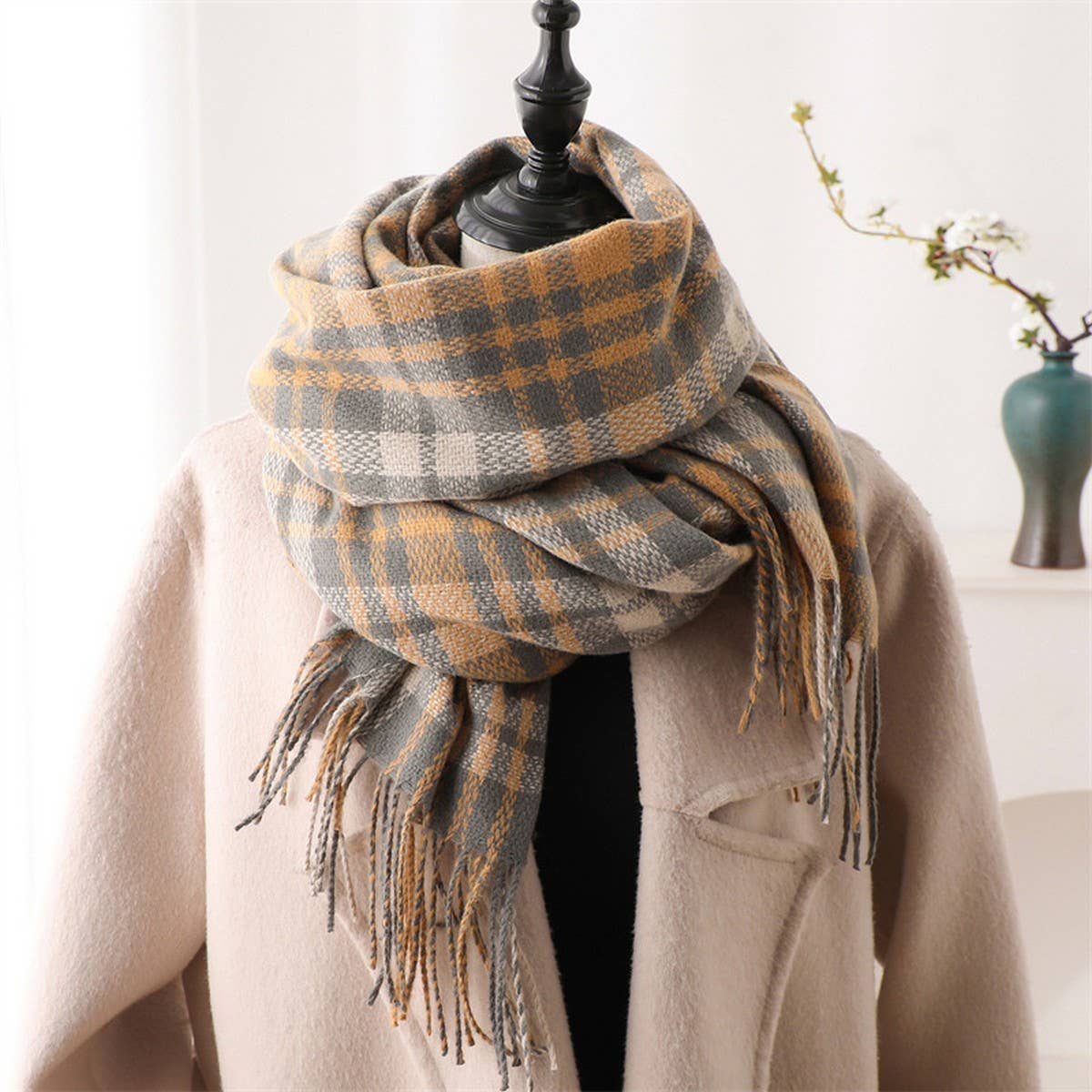 Plaid Cashmere-Like Scarf with Fringe for Winter_CWASC1443