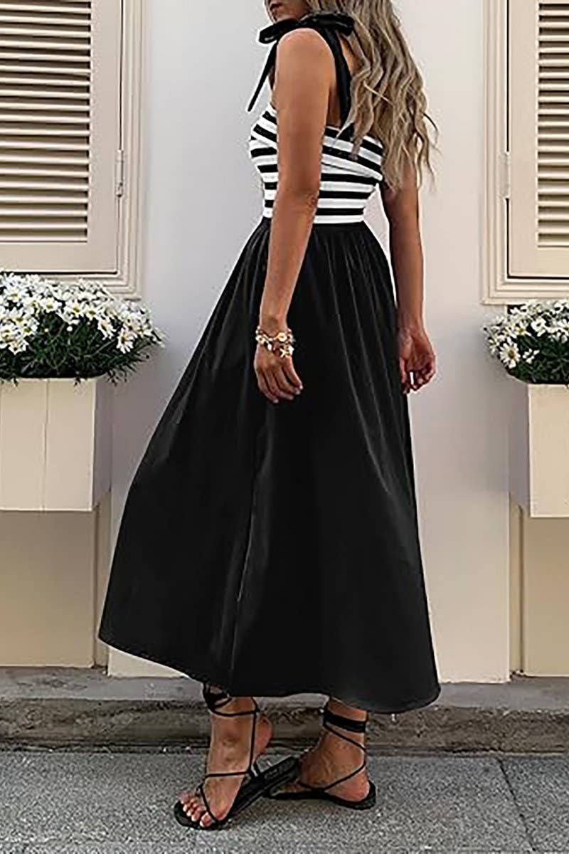 CWDMD5701_SLEEVELESS TIE POCKET STRIPED BEACH DRESS