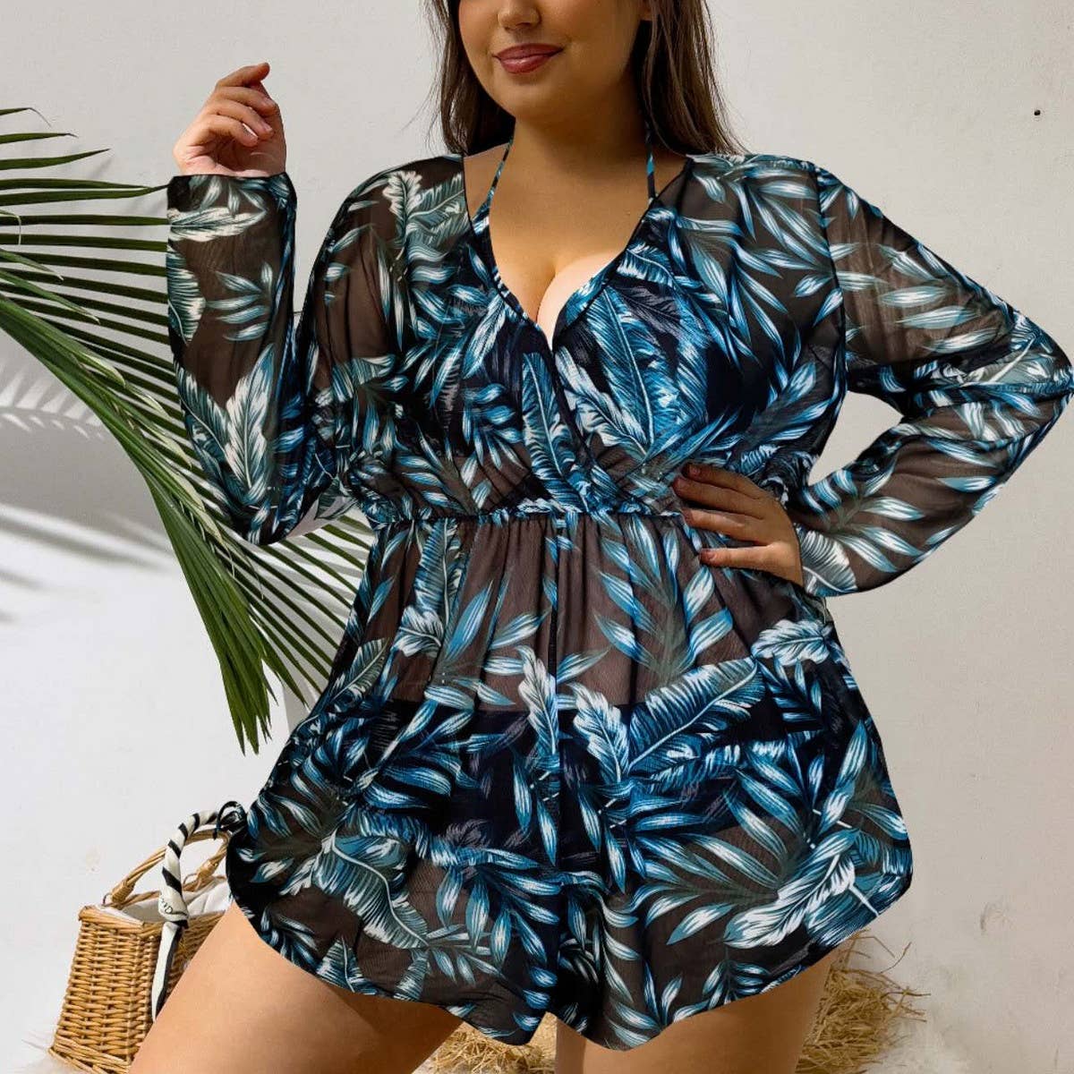 LEAVES SEXY PLUS SIZE SPLIT BIKINI SWIMSUIT_CWMW0223