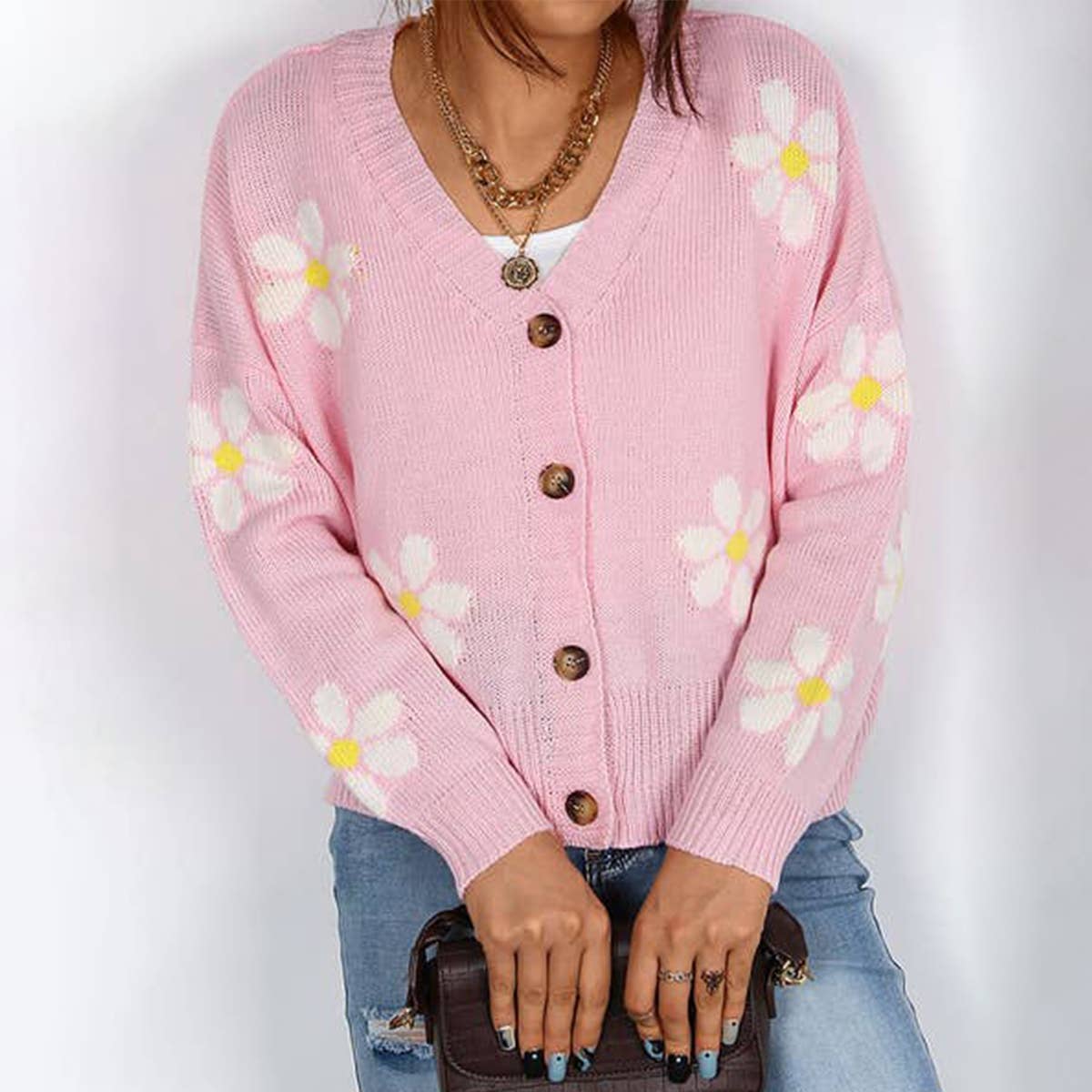 V-NECK FLORAL SINGLE-BREASTED KNIT CARDIGAN