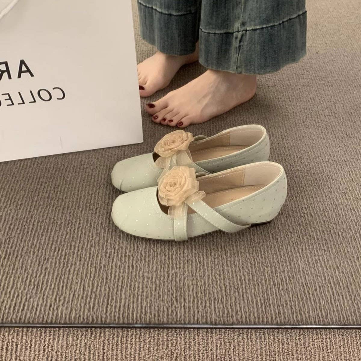 Floral Wedge Round Toe Cross Strap Mary Janes