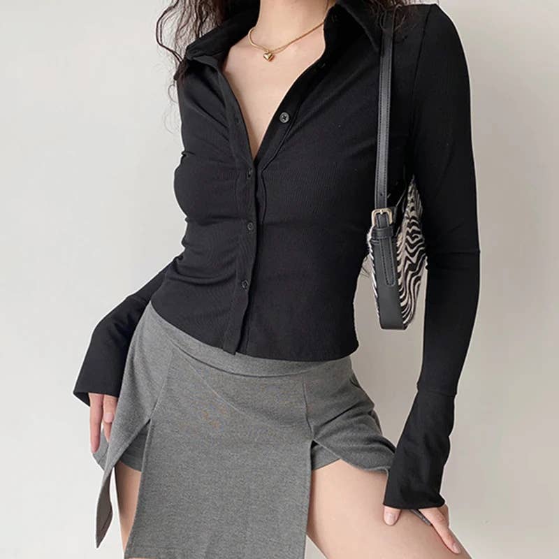 Temperament flared sleeve solid color shirt