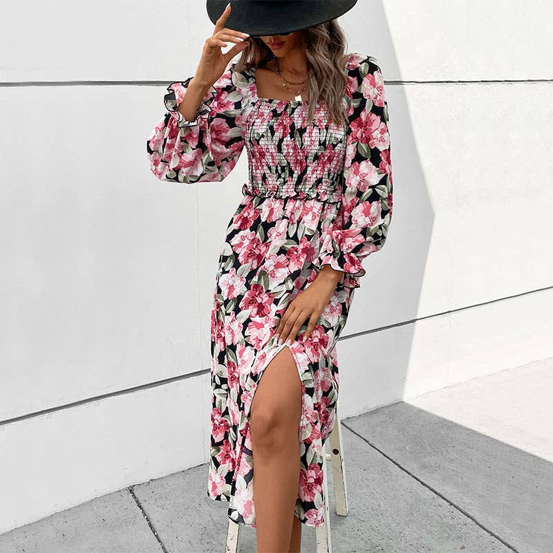 LONG-SLEEVED SQUARE COLLAR PRINT SPLIT DRESS