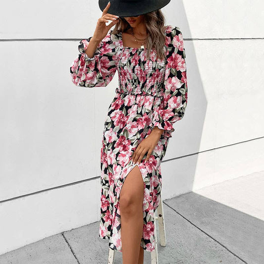 LONG-SLEEVED SQUARE COLLAR PRINT SPLIT DRESS