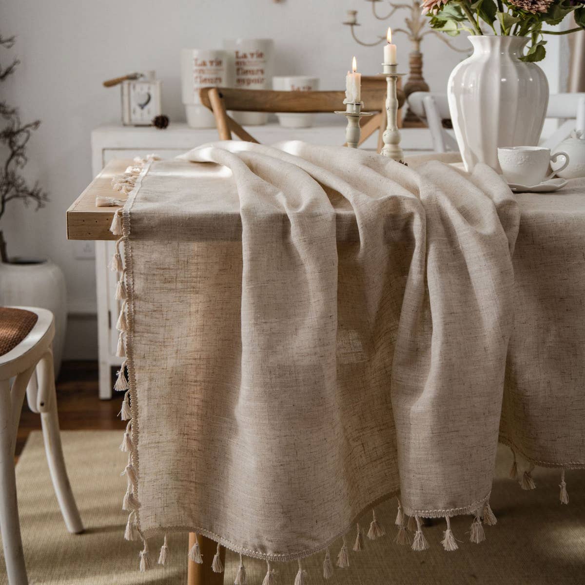 HOUSEHOLD SOLID COLOR KHAKI TASSEL DINING TABLE