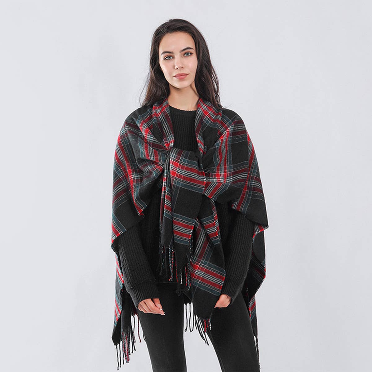 Plaid Faux Cashmere Cape Scarf with Tassels_CWASC0336