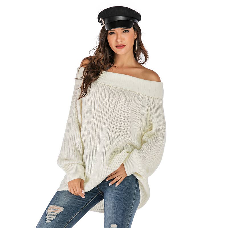 BAT-SLEEVED LINE-NECK SOLID COLOR BASE SWEATER
