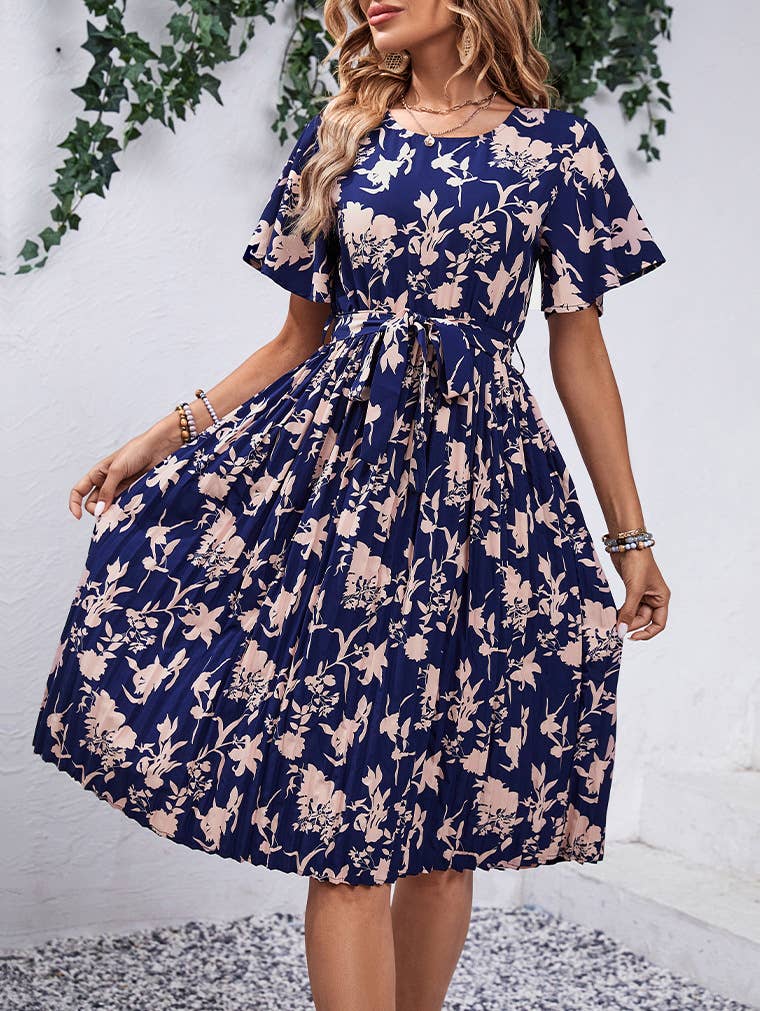 SUMMER CREW-NECK SHORT-SLEEVED PRINTED DRESS