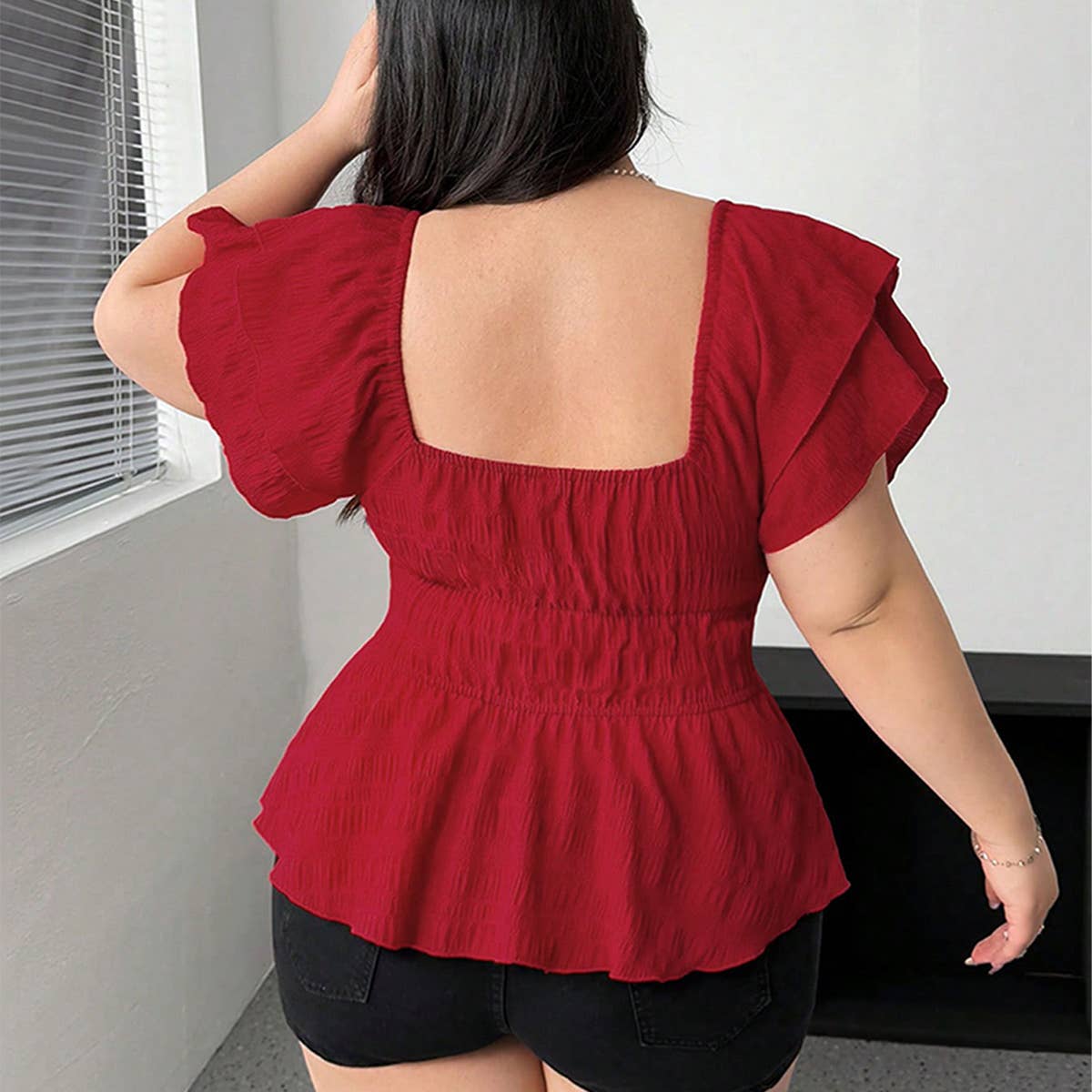 Sexy Square Neck Waist Slim Red Summer Top