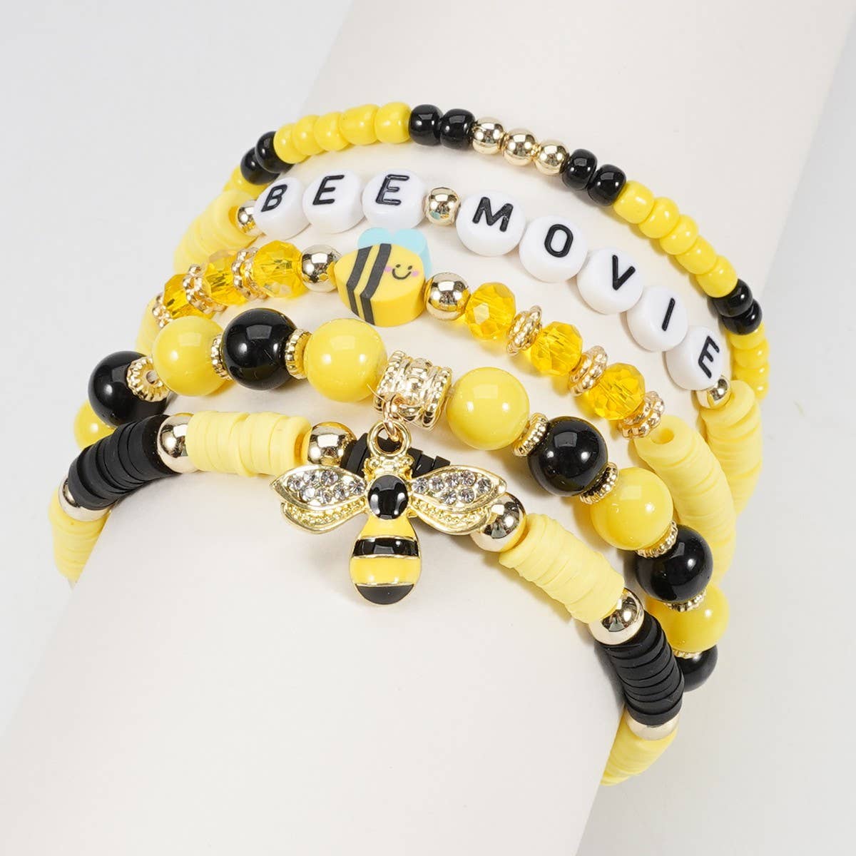 CWAJE05713_BEE SUNFLOWER CHARM BEADED STRETCH BRACELET
