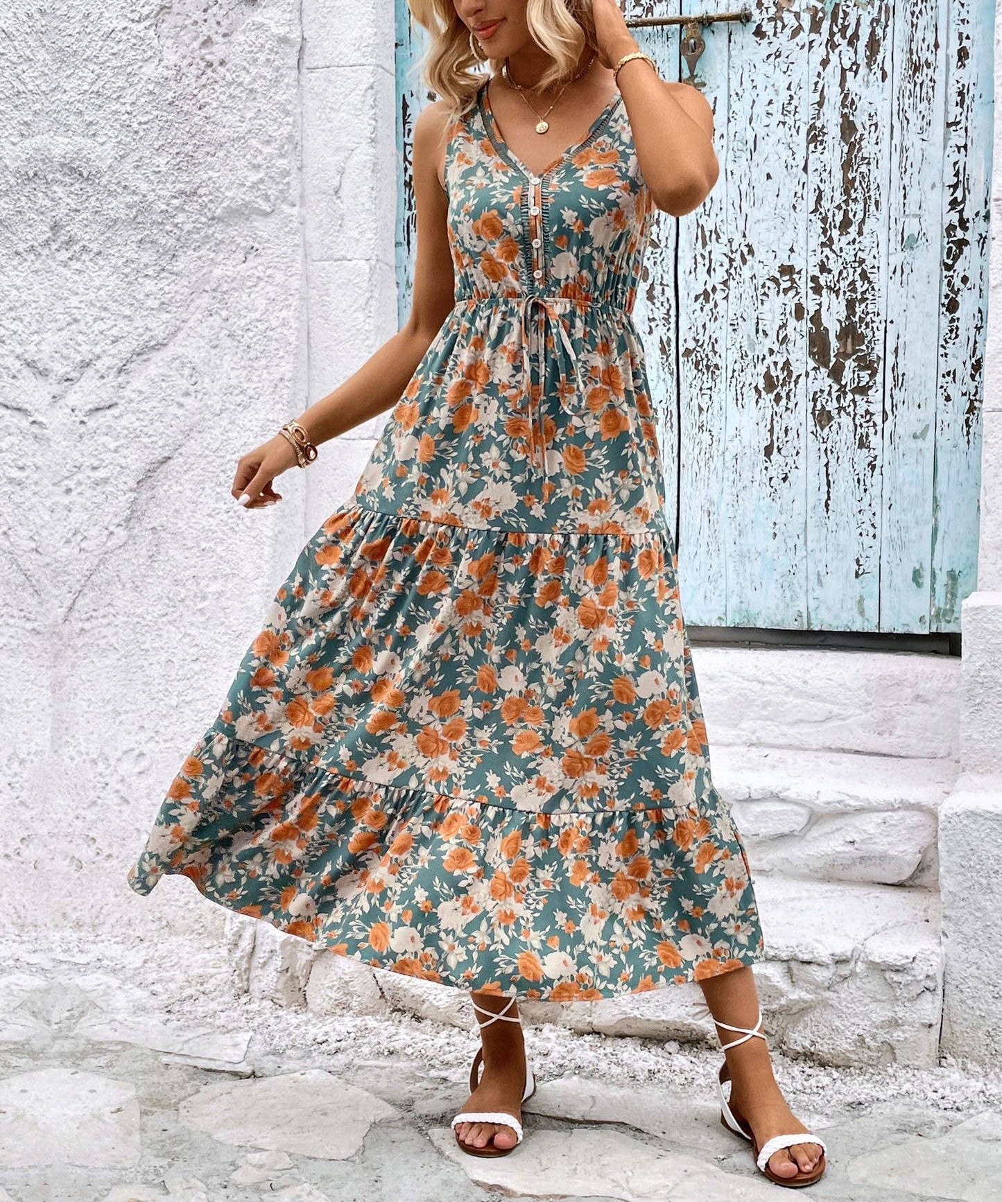 V-neck sleeveless waist trim patchwork long dress